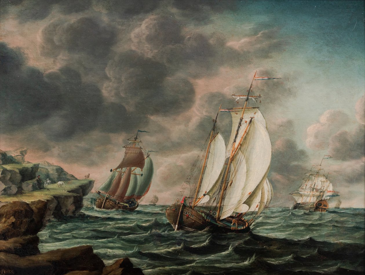 Dutch Merchant Flutes Inshore utenfor en steinete kystlinje av Pieter Jochums Lofvers