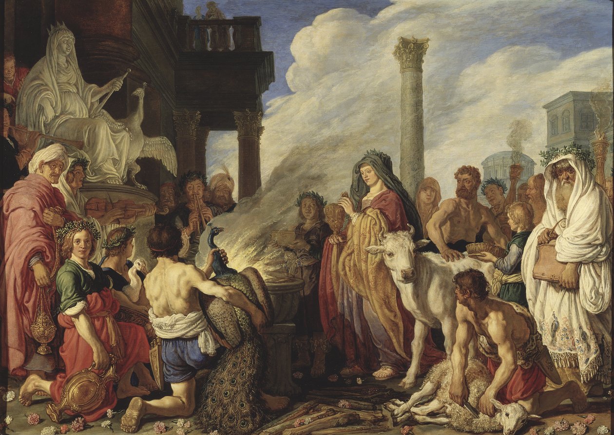 Didon (Elyssa, Elissa, Elisha, Elysha eller Helissa) fait un sacrifice a Junon - Didos offer til Juno, av Lastman, Pieter Pietersz. (1583-1633). Olje på tre av Pieter Lastman