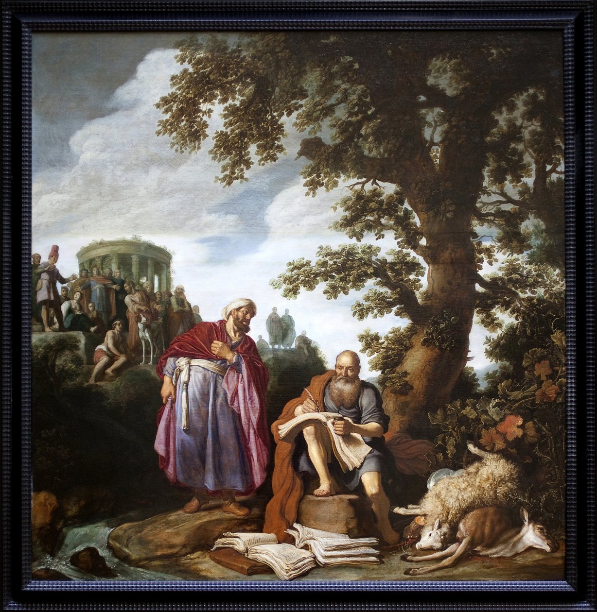 Hippokrates (fra Cos, 460-370 f.Kr.) på besøk hos Demokrit (fra Abdere, 460-370 f.Kr.). Maleri av Pieter Lastman (1583-1633), Olje på lerret av Pieter Lastman