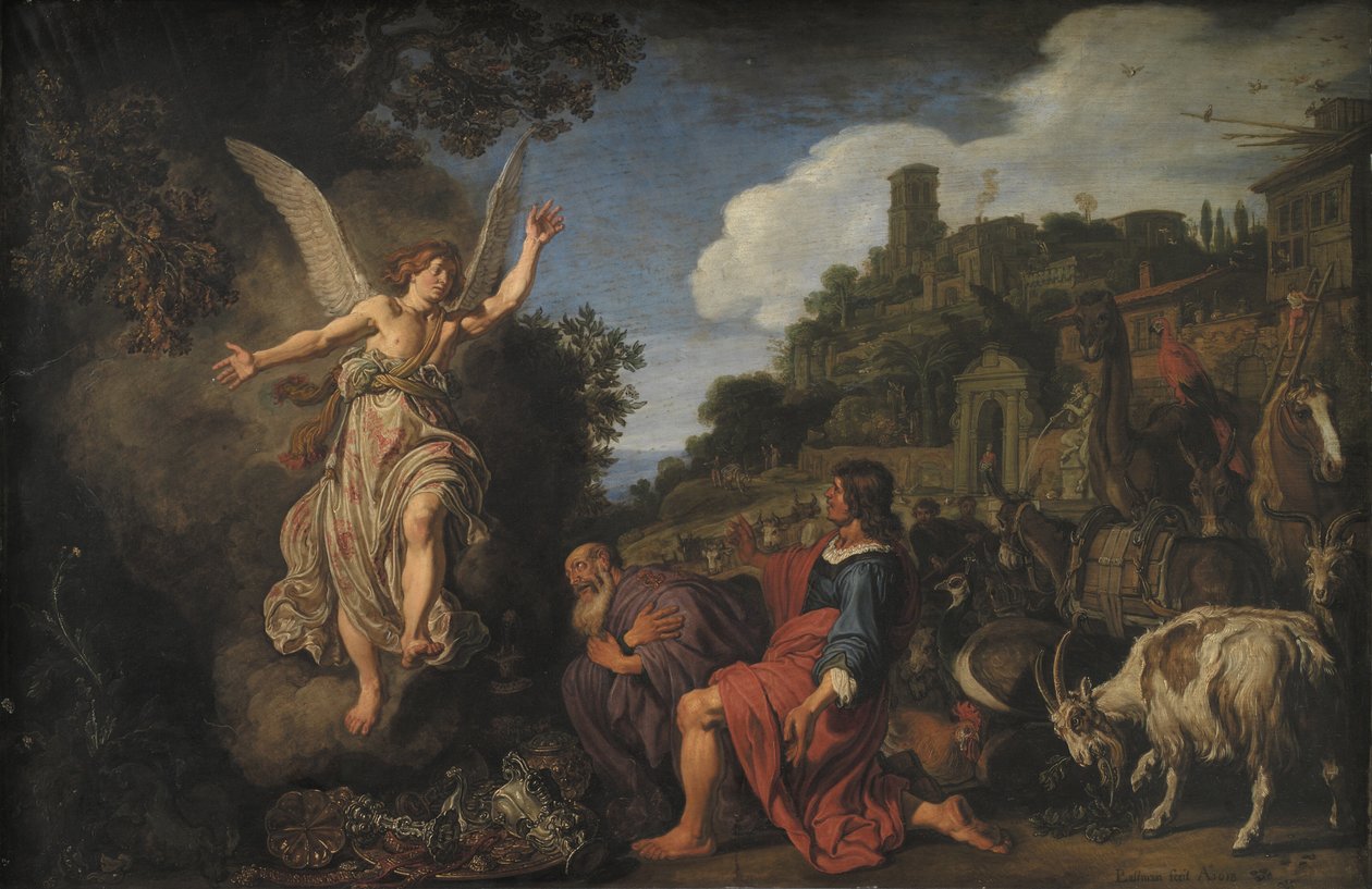 Engelen Raphael tar avskjed med gamle Tobit og hans sønn Tobias av Pieter Lastman