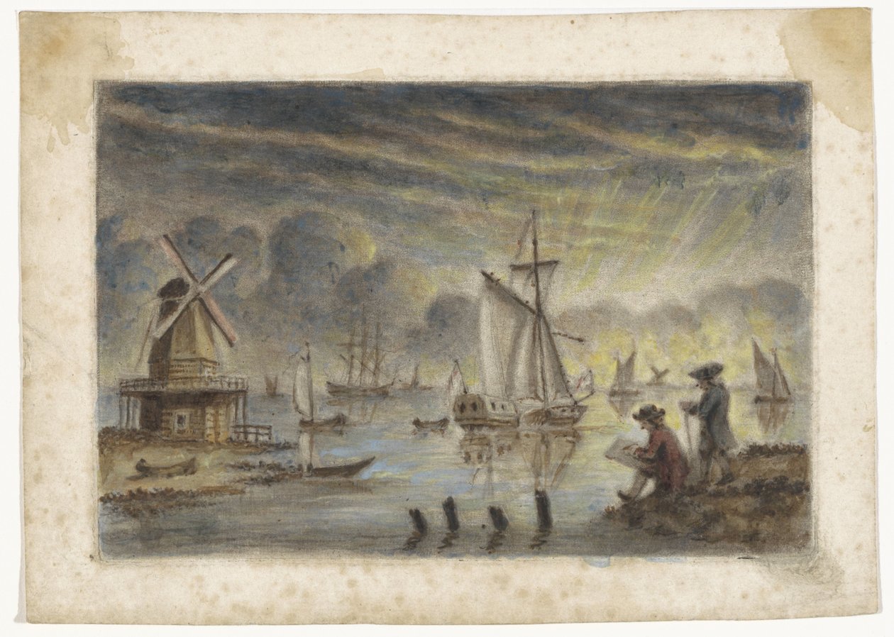 Kystutsikt med skip, mølle og en tegner av Pieter Louw (attributed to)