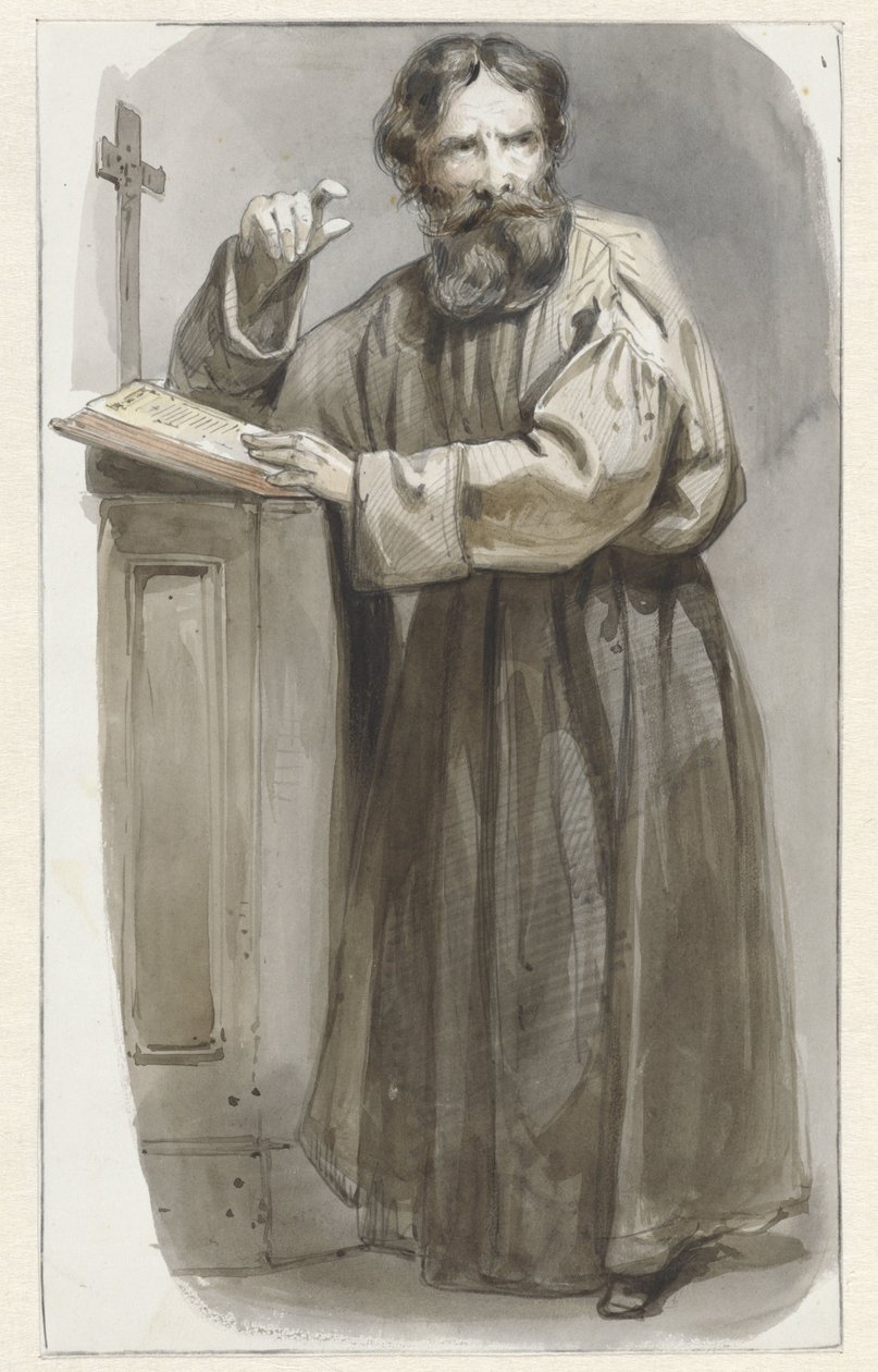 Stående geistlig ved talerstol med krusifiks og bibel av Pieter Marinus van de Laar (attributed to)