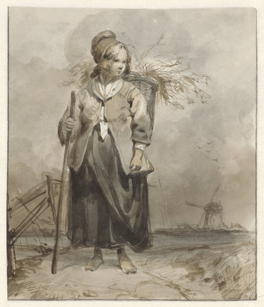 Stående kvinne med stokk og kurv på ryggen av Pieter Marinus van de Laar (attributed to)