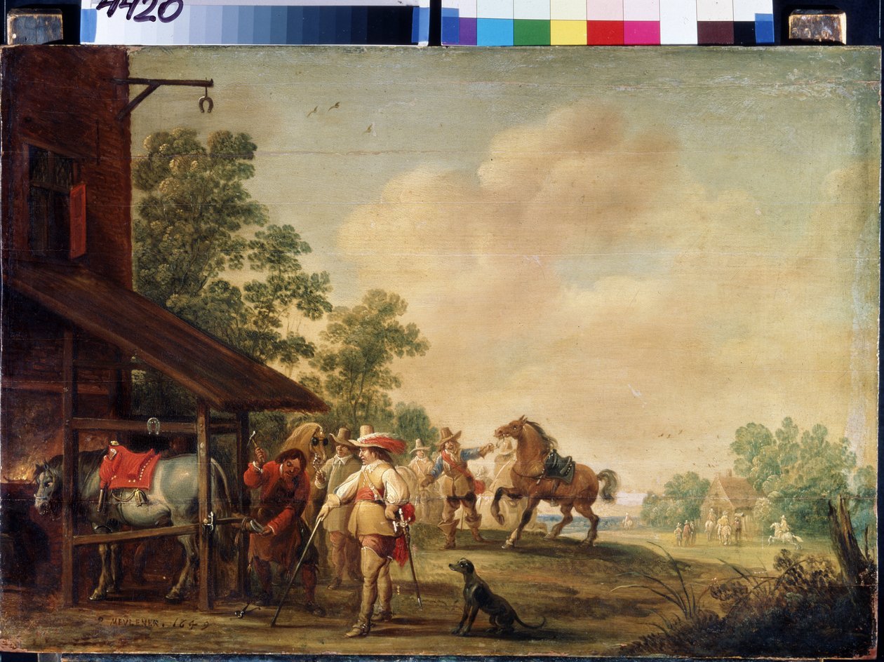 Forge (A Forge). En hovslager (hovslager) som tar på seg en hestesko. Maleri av Pieter Meulenaer (Peter eller Pierre av Pieter Meulener