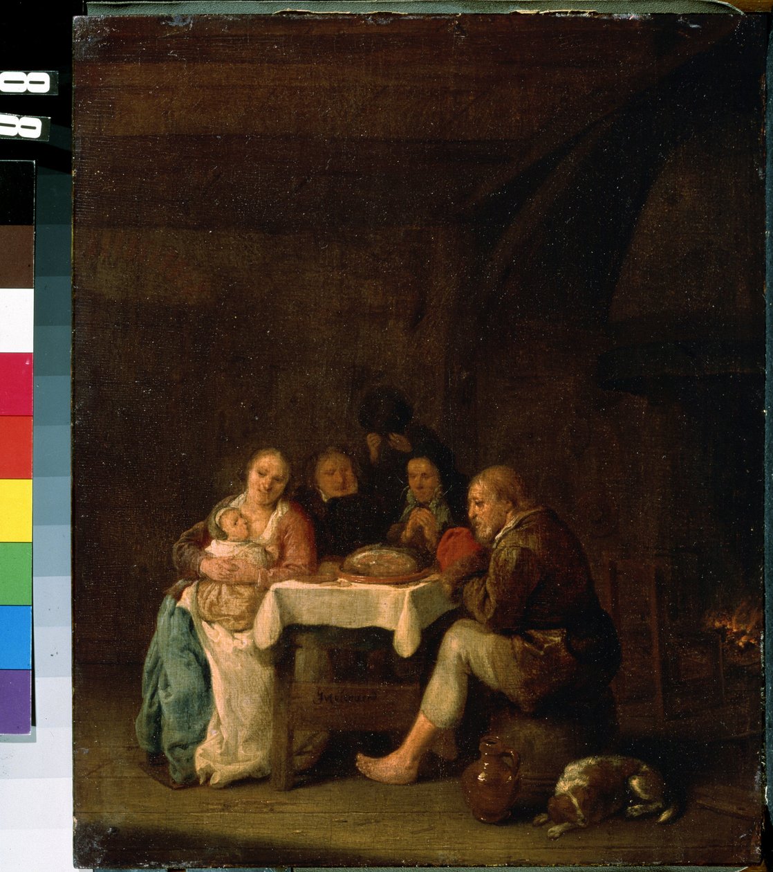 ""The Prayer Before Dinner"" (The Prayer Before Dinner) Nådens øyeblikk under måltidet til en nederlandsk familie med beskjedne midler. Maleri av Peeter Meulenaer (1602-1654) Mikhail Kroshitsky kunstmuseum fra 1600-tallet, Sevastopol (Sevastopol) Ukr av Pieter Molenaer