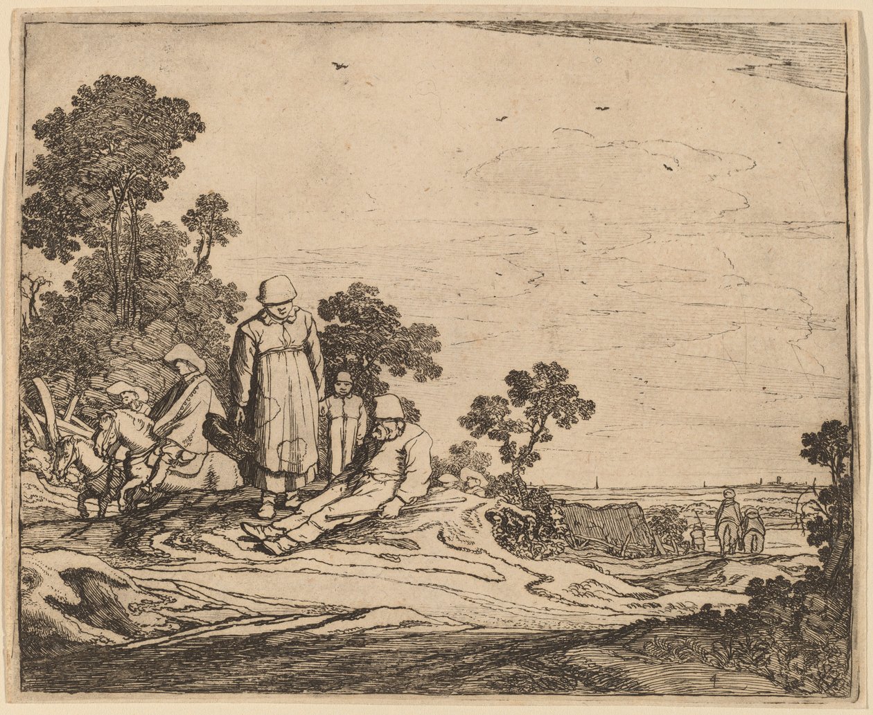 Kvinne og barn som står nær en sittende bonde av Pieter Molijn