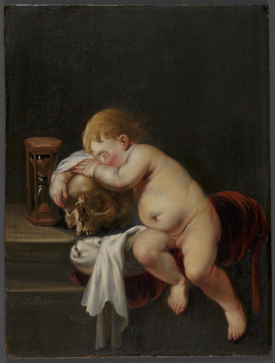 Gutt som sover på en hodeskalle av Pieter Moninckx