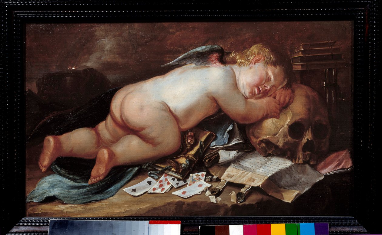 Elsker å sove på en døds hode. Maleri (Vanite) av Pieter Moninckx (1606 - 1686) Ec. Flam. av Pieter Moninckx