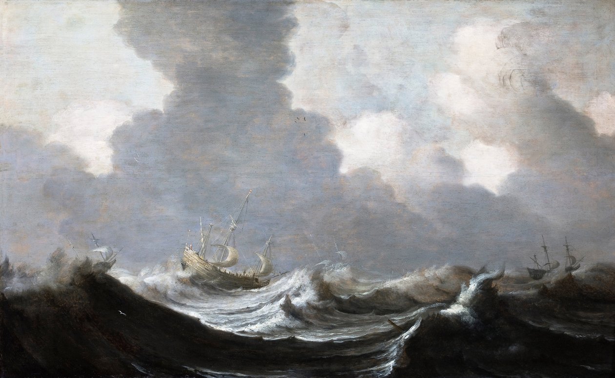 Fire fartøyer som går foran en kuling, 1630 av Pieter Mulier the Elder