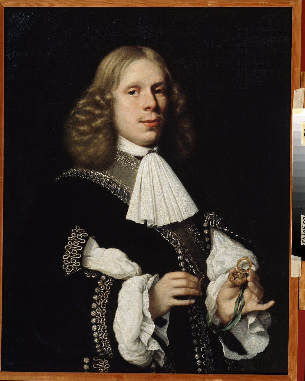 Portrett av ordføreren i Haarlem. (Portrett av ordføreren i Haarlem). Mannen holder et lite kompass i hånden. Maleri av Pieter Nason (1612-1688) av Pieter Nason