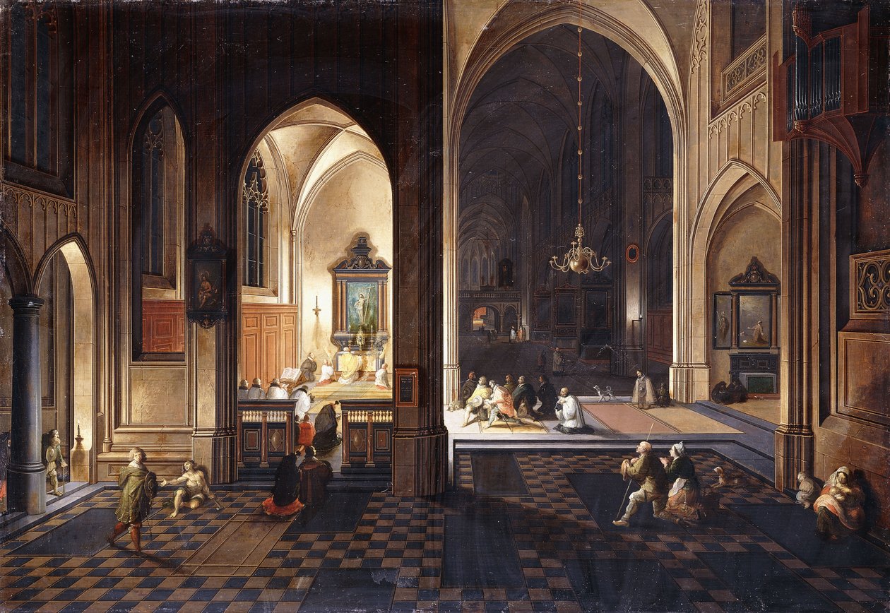 En kirke om natten med en prest som feirer messe i et sidekapell, av Pieter Neeffs