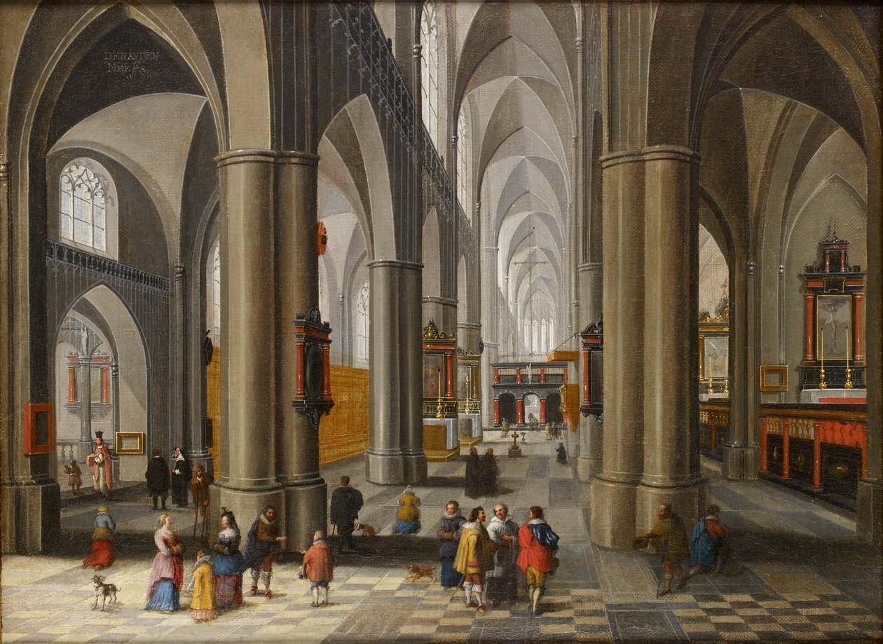 Interiør i en katedral med figurer, 1640-1660 av Pieter Neefs