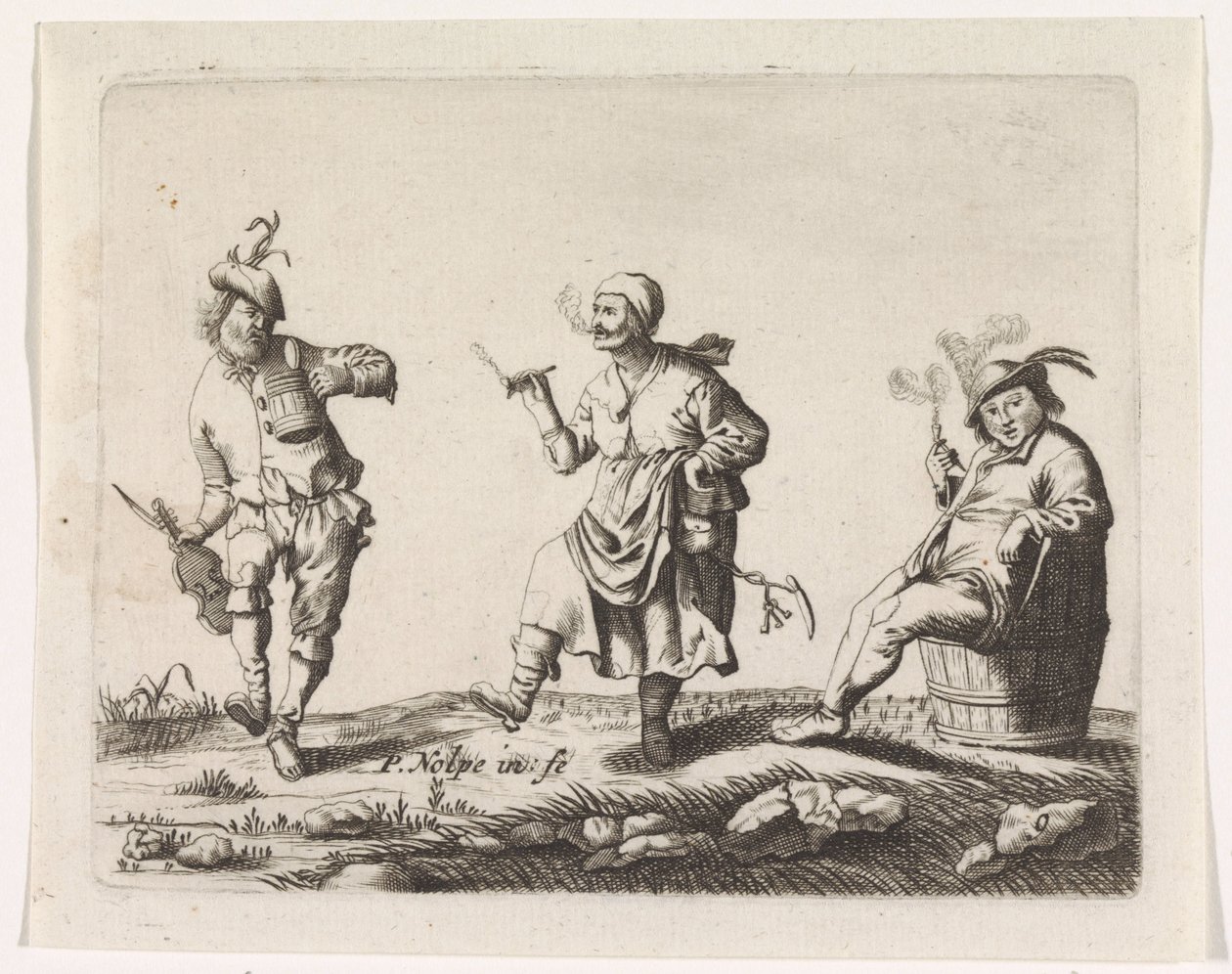 Dansende bonde og bondekone og en mann på tønne av Pieter Nolpe