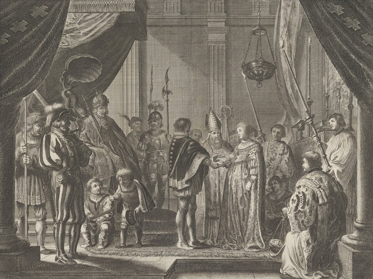 Plate 7: Ekteskapet til Francisco I de Medici og Johanna av Østerrike, fra Caspar Barlaeu..., 1638. av Pieter Nolpe