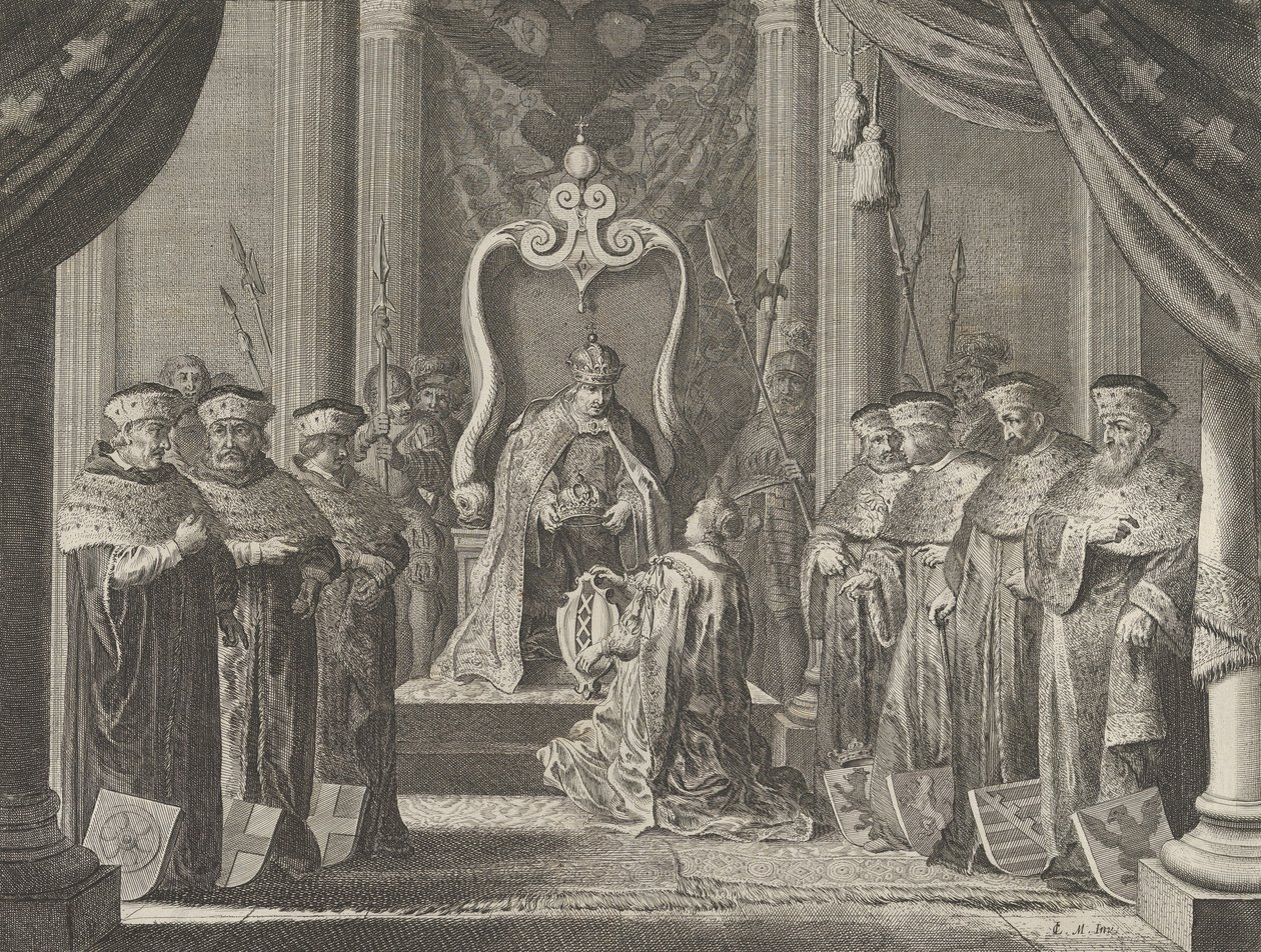 Plate 8: Keiser Maximilian II gir en krone til våpenskjoldet til Amsterdam, fra Cas..., 1638. av Pieter Nolpe