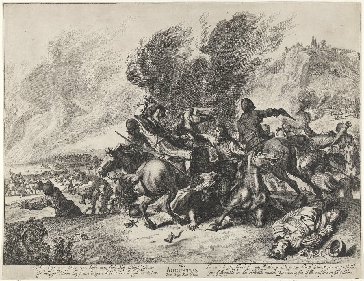 Kamp: august måned og ildelementet Fjerde august (tittel på objekt) Landskap med månedene, elementene og årstidene (serietittel) av Pieter Nolpe