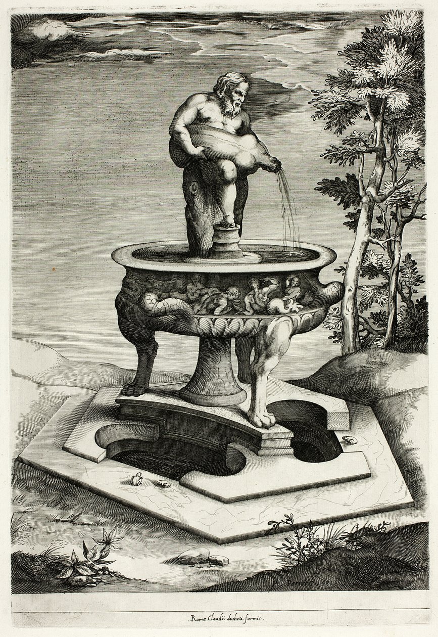 Fontene med Silenus i hagen til Cesi-palasset nær Roma av Pieter Perret