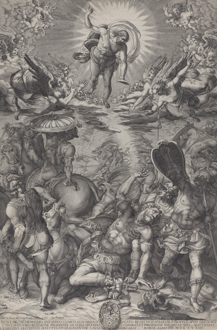 Omvendelsen av Saulus, som ligger på bakken omgitt av hester og soldater som Kristus..., 1583 av Pieter Perret