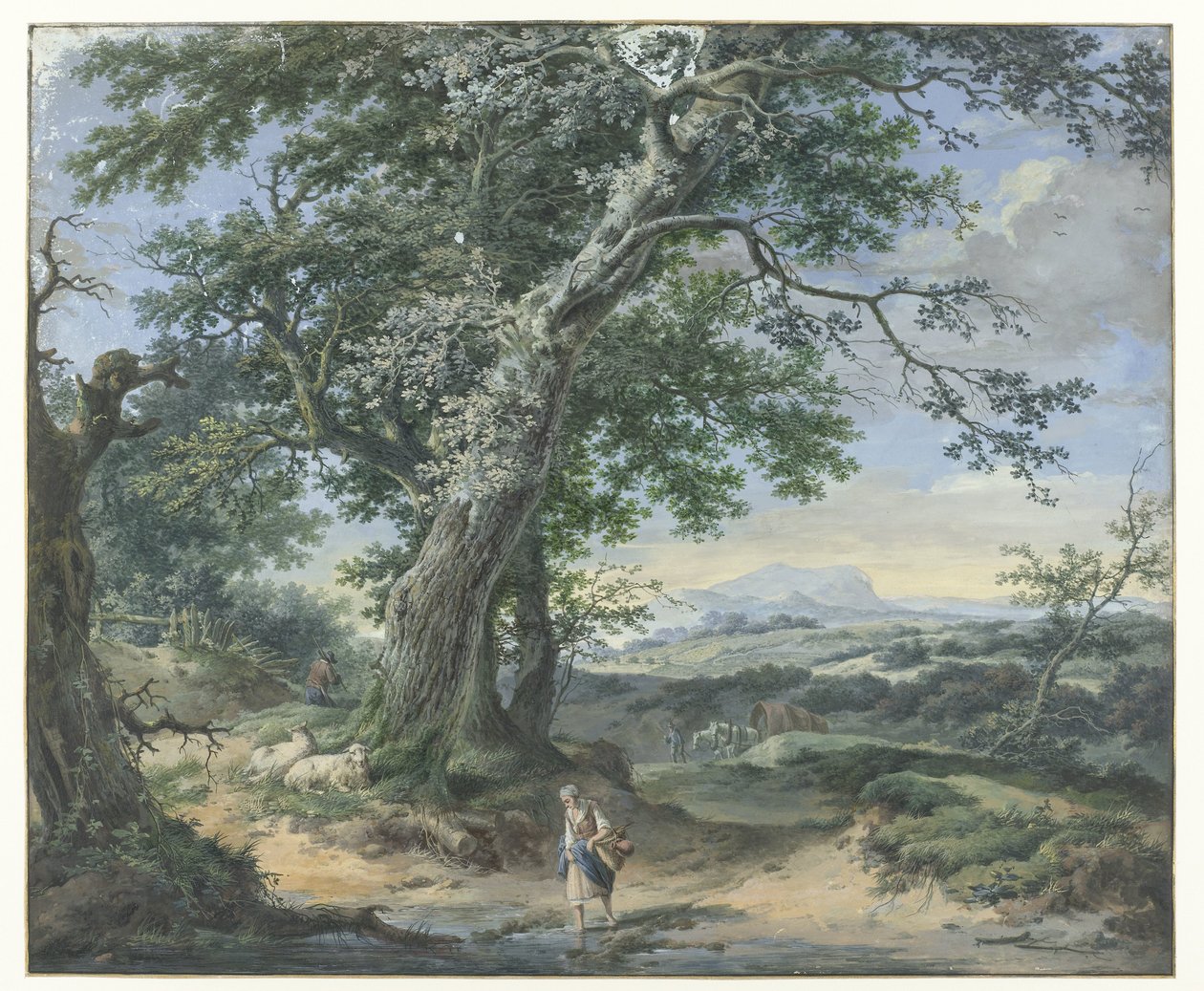 Kupert landskap med tunge trær og menneskestøv av Pieter Pietersz. Barbiers