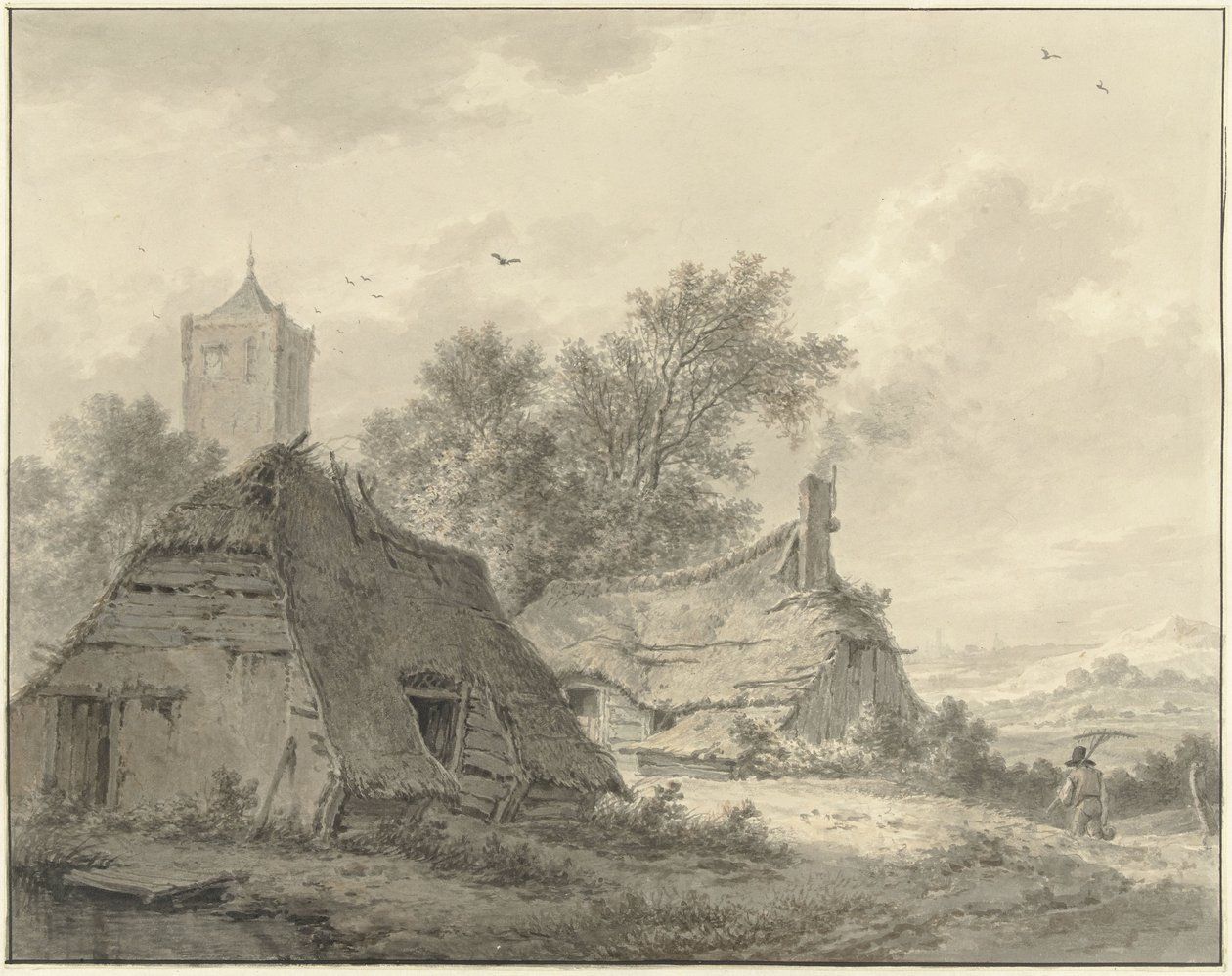 Landskap med to gårder og et kirketårn av Pieter Pietersz. Barbiers