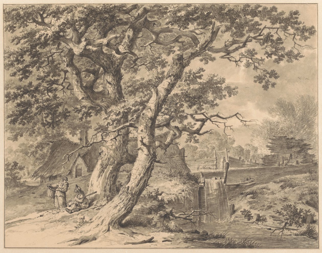 Landskap med foss under to store trær av Pieter Pietersz. Barbiers