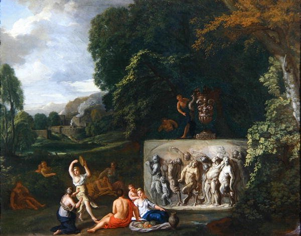 Et klassisk landskap med jomfruer som danser ved en sarkofag som skildrer Silenus