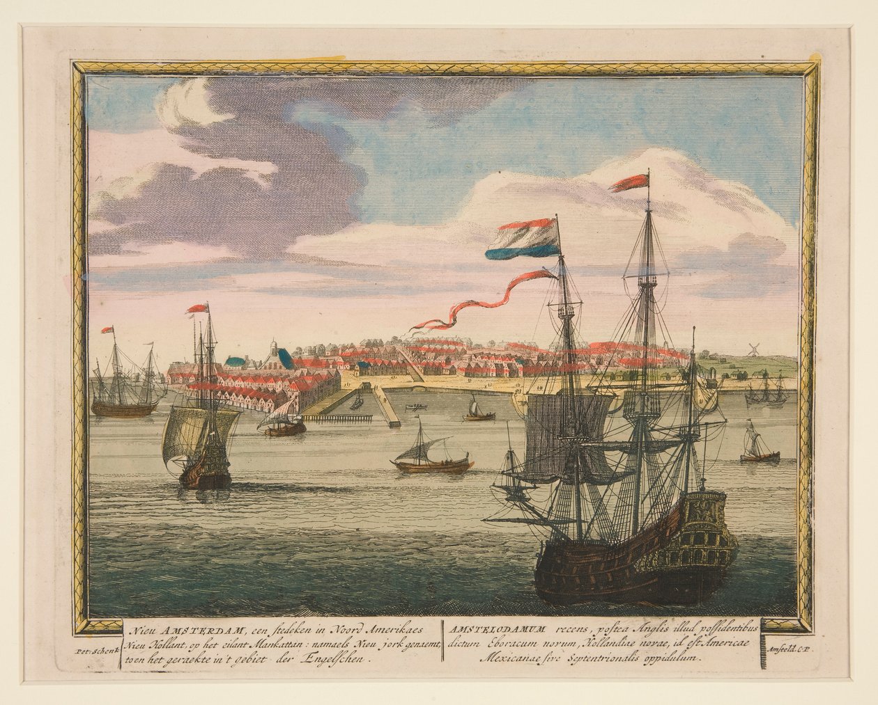 New Amsterdam, en by i Nord-Amerika Nieu Holland, på øya Mankattan: namaels New jork kalt av Pieter Schenck I