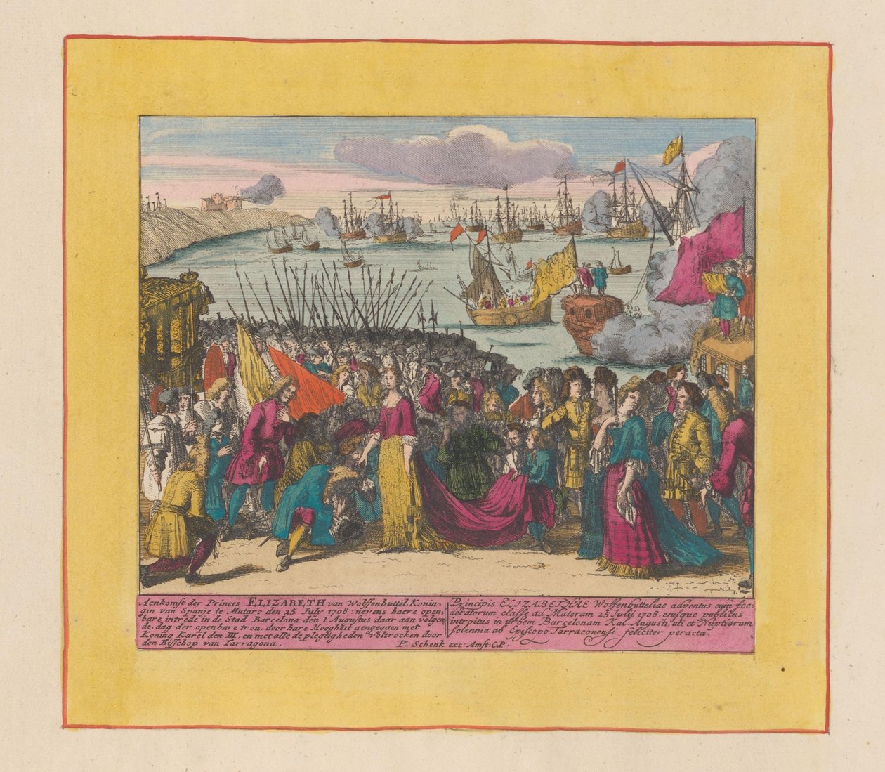 Ankomst av prinsesse Elisabeth Christine av Wolfenbüttel til Mutaro, 1708 Ankomst av prinsesse Elizabeth av Wolfenbuttel, dronning av Spania (...) (tittel på objekt) Krigens teater, begynnelsen av kong Charles II. Inntil kong Karel de I av Pieter Schenk (I)