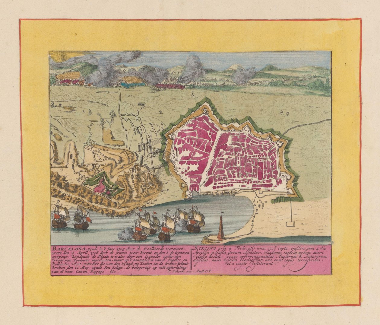 Siege of Barcelona, 1706 Barcelona, zynde in 't Jaer 1705 (...) (tittel på objekt) Theatre of the War, Beginning of King Karel den II. Helt til kong Charles III. Eksisterer i IX. Historiske figurer på et elefantblad, som kamper, Bele av Pieter Schenk (I)