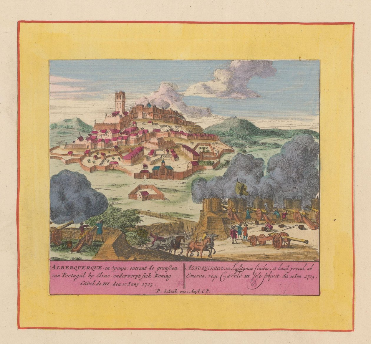 Beleiring av Albuquerque, 1705 Alberquerque, i Spania, på grensen til Portugal ved Elvas, underkaster seg kong Carel III, 10. juni 1705 (tittel på objekt) Krigens teater, begynnelsen av kong Charles II. Vi sees på Kong Kar av Pieter Schenk (I)