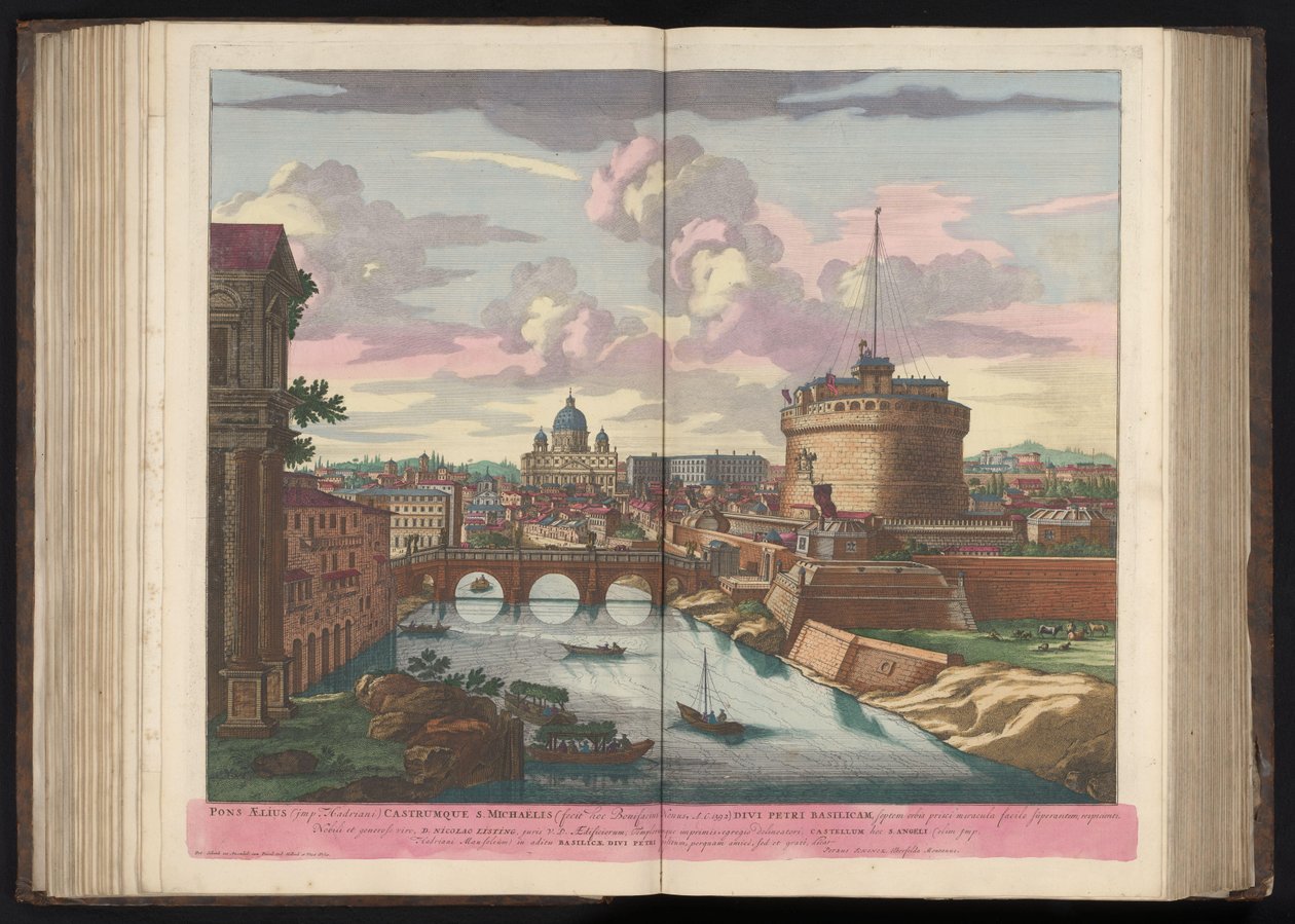 Engelenburcht, Sint-Pietersbasiliek en de rivier de Tiber Ponts Aelius (imp Hadriani) Castrumque S. Michaëlis (...) (tittel på objekt) av Pieter Schenk (I)