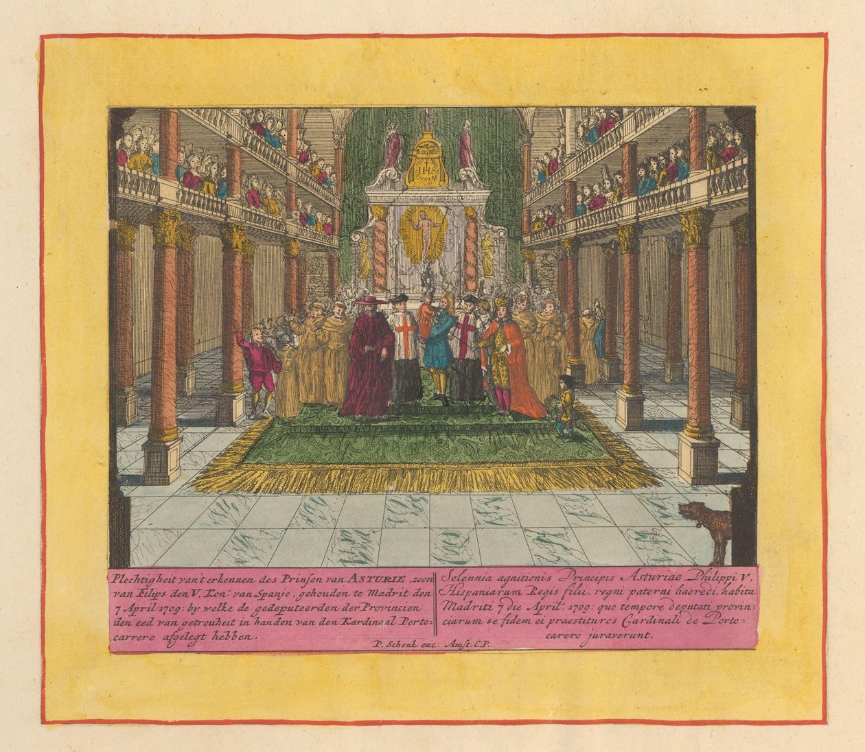Anerkjennelse av Louis Philip, prins av Asturias og sønn av kong Filip V av Spania, 1709 Høytidelighet for anerkjennelsen av prinsen av Asturias, sønn av Philip de V. kon. av Spania, holdt i Madrid den 7. april 1709, hvor representantene for PR av Pieter Schenk (I)