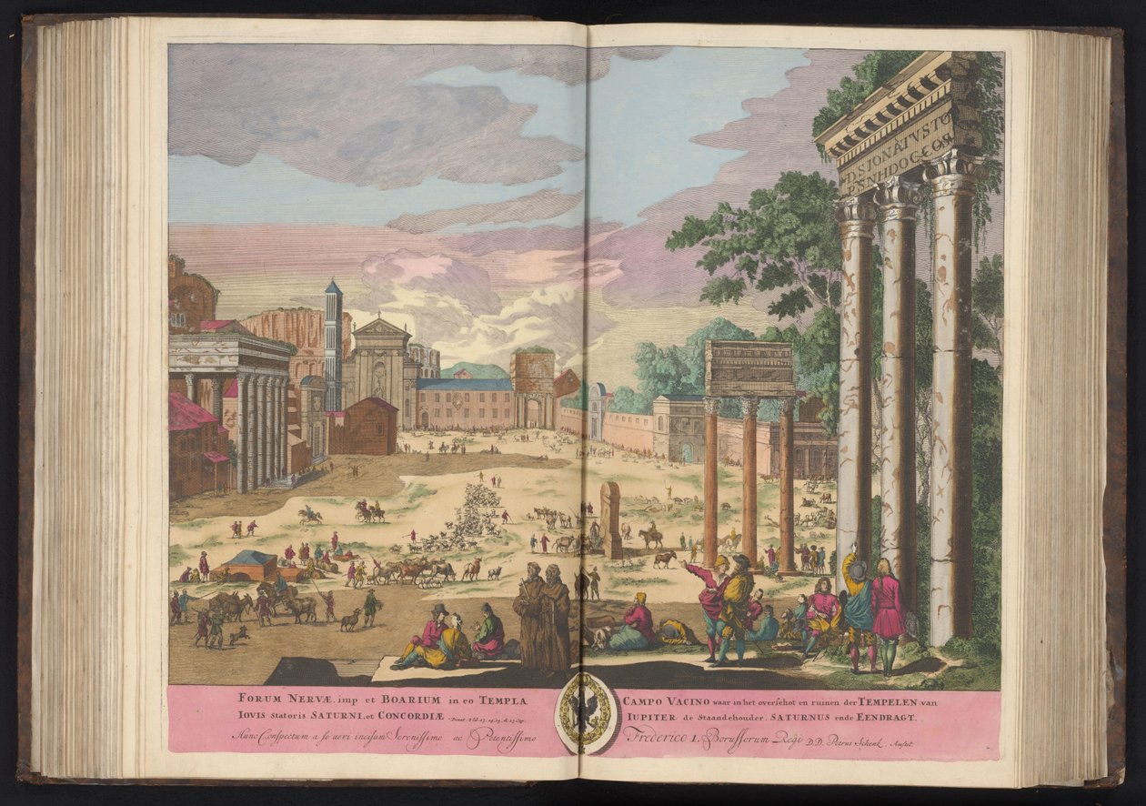Forum Romanum te Roma Forum Nerva, imp og Boarium i det tempelet til Jupiter Stator Saturn, og Concordia (...) (tittel på objekt) av Pieter Schenk (I)