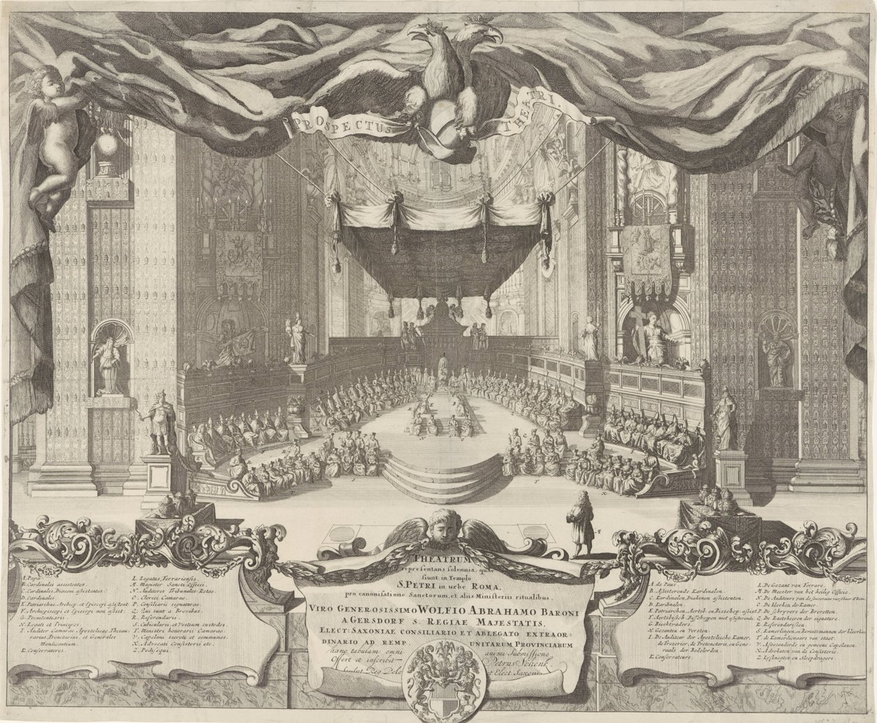 Utsikt i Sint-Pietersbasiliek Et teater som representerer forbrytelsene som finner sted i St. Peter-tempelet i byen Roma (tittel på objektet) av Pieter Schenk (I)