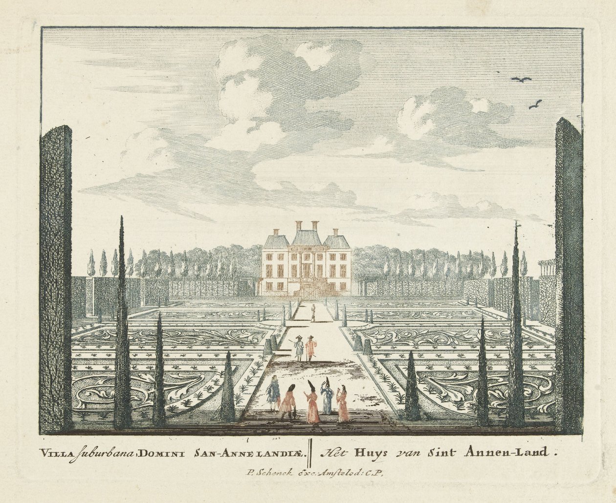 Utsikt over herskapshuset Clingendael i Haag Uitleereseene Gesichte van het Wijdvermaarde Loo som andre kongehus (serietittel) Admirandorum quadruplex spectaculum (serietittel) av Pieter Schenk (I)