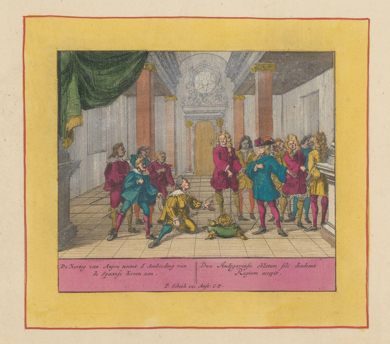 Hertug Filip av Anjou aksepterer den spanske kronen, 1700 Hertugen av Anjou aksepterer tilbudet fra den spanske kronen (...) (tittel på objekt) Krigens teater, begynnelsen av kong Charles II. Helt til kong Charles III. Eksisterer i IX av Pieter Schenk (I)