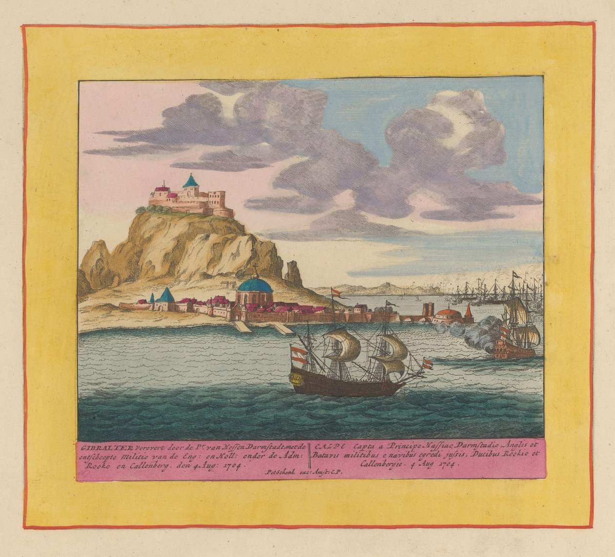 Erobringen av Gibraltar av en anglo-nederlandsk flåte, 1704 Gibraltar erobret av Pr. van Hessen Darmstadt, med den ilandsatte militsen til Eng: en Holl: under Adm: Rooke og Callenberg den 4. august: 1704 (...) (tittel på objekt) Teater av Pieter Schenk (I)
