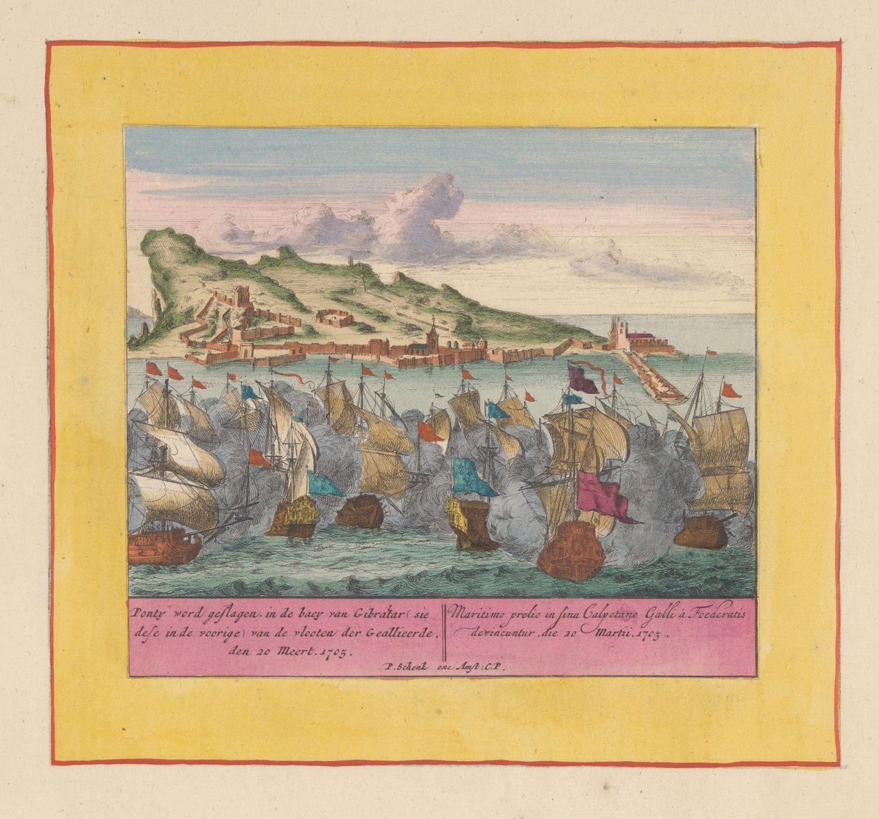 Sjøslaget ved Gibraltar, 1705 Ponty blir slått, i bunnen av Gibraltar (sie dese i front) av de allierte flåtene, den 20 Meert, 1705 (tittel på objekt) Krigens teater, begynnelsen av kong Charles II. Vi sees på Kong Karel den av Pieter Schenk (I)