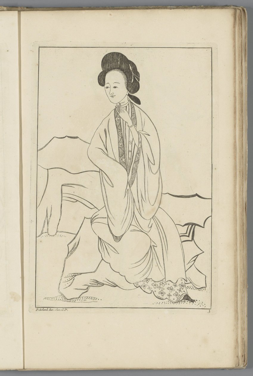 Kinesisk kvinne med høyre hånd i ermet på kimonoen Kinesiske kvinner, blomster og fugler (serietittel) av Pieter Schenk (II) (possibly)