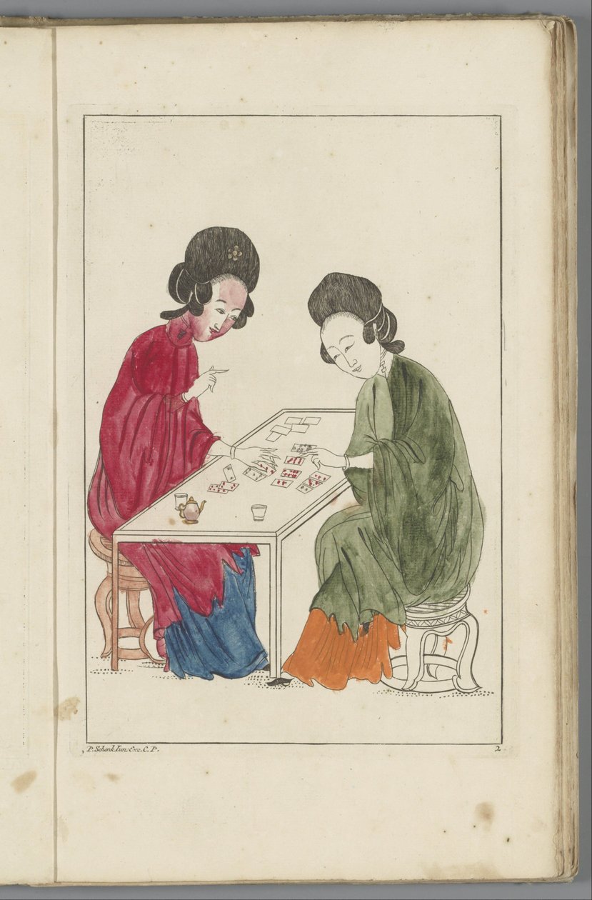 To kinesiske kvinner spiller et kortspill Kinesiske kvinner, blomster og fugler (serietittel) av Pieter Schenk (II) (possibly)