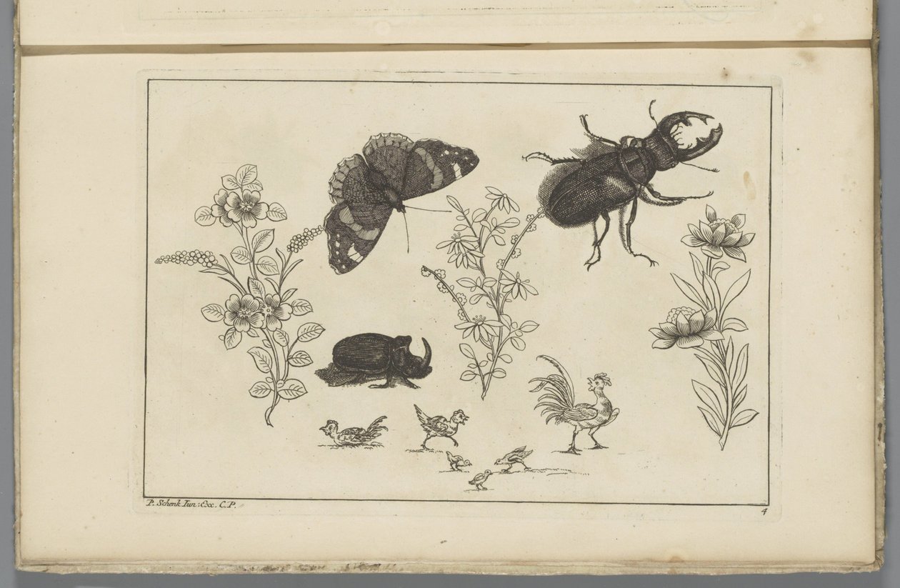 Tre blomstergrener med neshornbille, sommerfugl og tor Kinesiske blomster og insekter (serietittel) av Pieter Schenk (II)