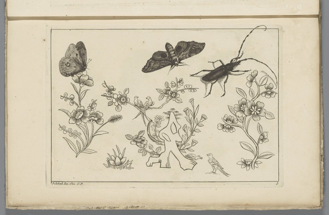 Tre blomstergrener med fugler, sommerfugler og et insekt Kinesiske blomster og insekter (serietittel) av Pieter Schenk (II)