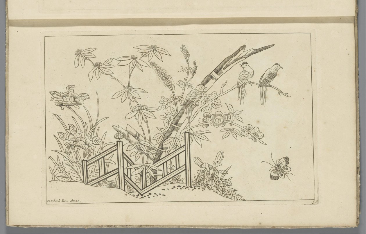 Tre fugler i et blomstrende tre kinesiske blomster og fugler (serietittel) av Pieter Schenk (II)
