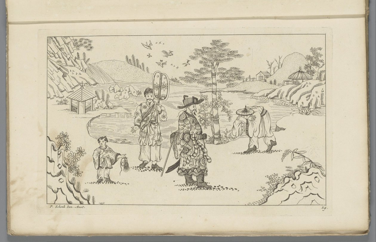 Fire kinesiske figurer i et landskap Nyoppfunnet Sineesen tegnet med stor innsats og gitt i 't Ligt, av P. Schenk Jun (...), andre del (serietittel) av Pieter Schenk (II)