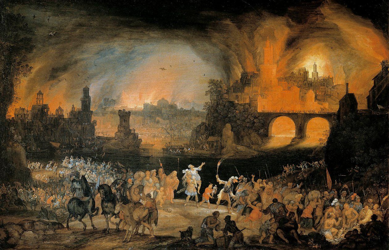 Brenningen av byen Troja. Maleri av Pieter Schoubroeck (1570-1607). 1606. Kunsthistorisches Museum Wien Østerrike av Pieter Schoubroeck
