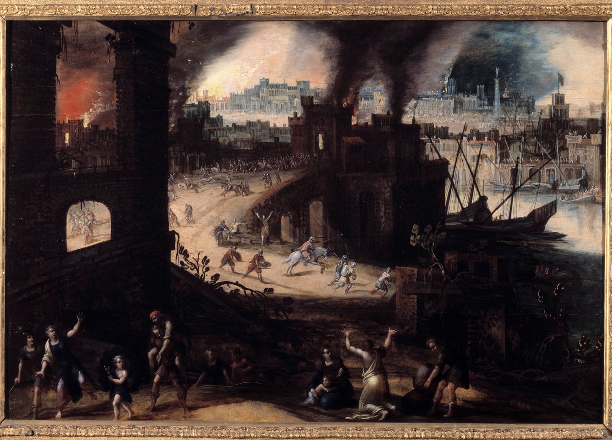 Ødeleggelsen av Troy-maleri av Pieter Schoubroeck (1570-1607) Besancon fra 1600-tallet. Museum of Fine Arts av Pieter Schoubroeck