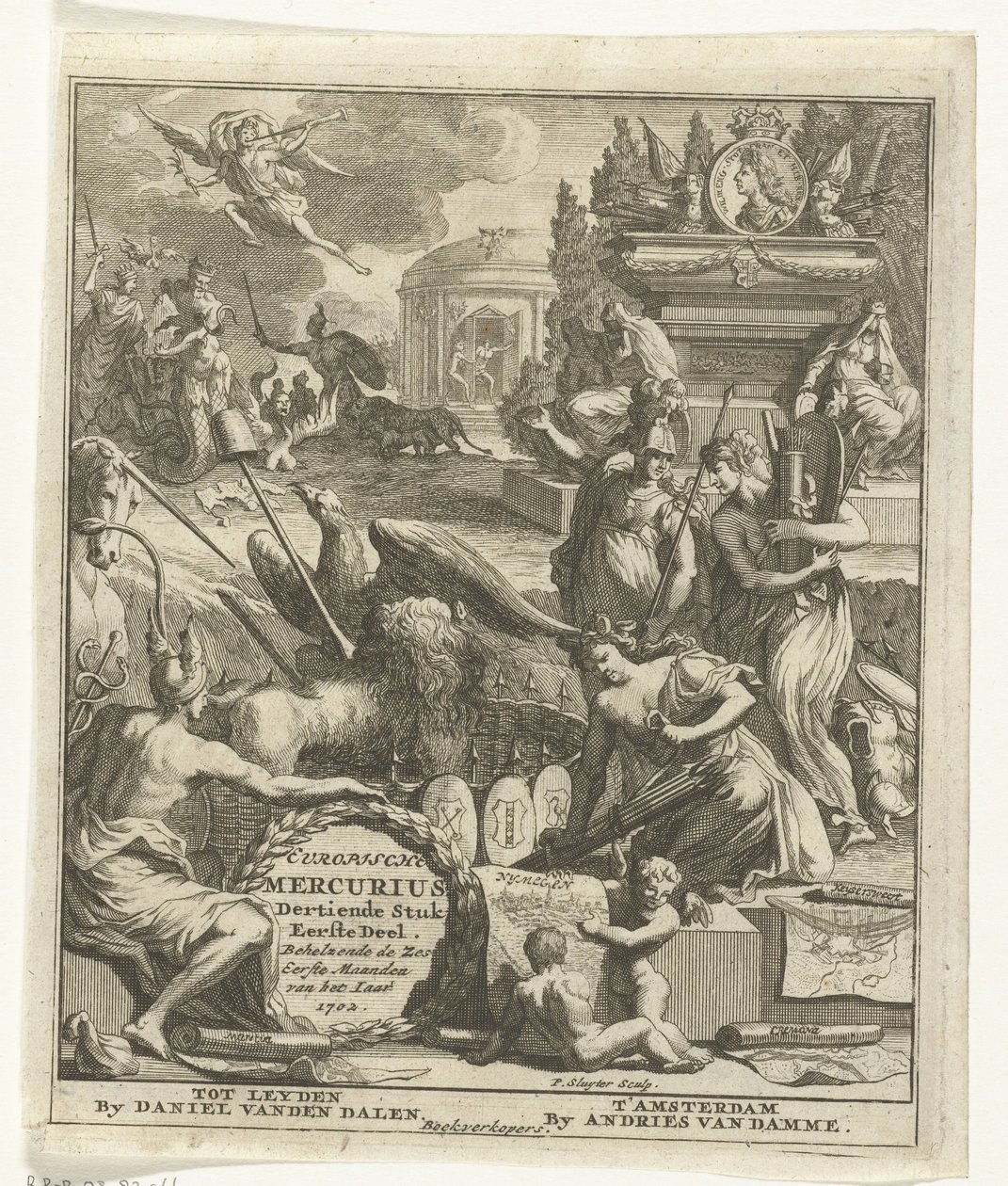 Tittelside for European Mercury of 1702 European Mercury, trettende stykke del én. Inneholder de seks første månedene av året 1702 (tittel på objekt) av Pieter Sluyter