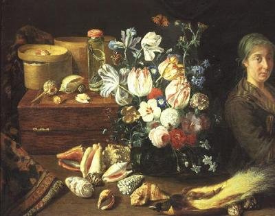 Stilleben, blomster, skjell, slanger, fugl og en stående kvinne av Pieter Snyers