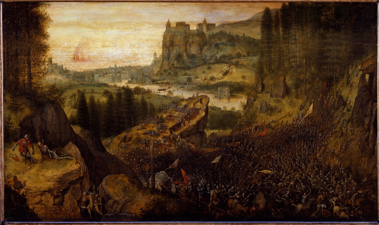 Kamp mellom filistrene og israelittene: Saul og eieren hans blir kastet på sverdet sitt. (maleri av Pieter Bruegel the Elder