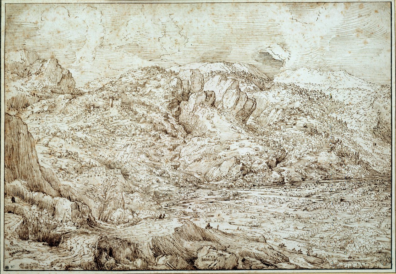 Alpenes landskap. Tegning av Pieter Brueghel Dit The Old Man (1525-1569) Ec. Flam. av Pieter Bruegel the Elder